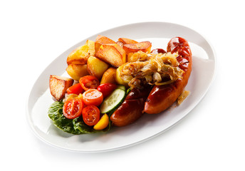 Grilled sausages and vegetables