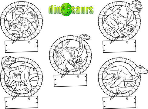 set of cartoon drawings of dinosaurs.
