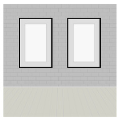 Two Vector Empty Blank White Mock Up Posters Pictures Black Frames on Brick Wall with Floor a Front View.