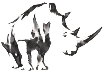 black and white monochrome painting with water and ink draw rhino illustration