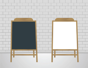Two Special announcement board on Brick Wall with Floor a Front View. Chalkboard for menu restaurant illustration. Vector image.