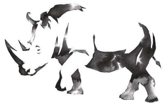 black and white monochrome painting with water and ink draw rhino illustration