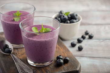 Blueberry and banana smoothie with oatmeal, selective focus