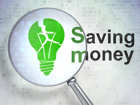 Finance concept: Light Bulb and Saving Money with optical glass