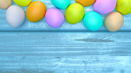 Vue de dessus des œufs de Pâques sur une table en bois. Rendu 3D.