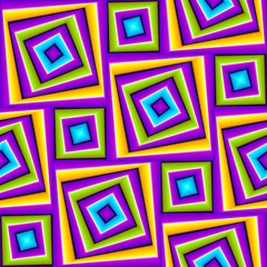 Violet background with colorful squares (motion illusion). Seamless pattern.