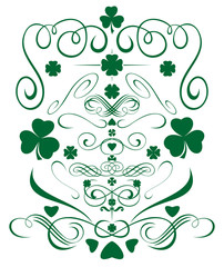 Set design elements for St. Patrick's Day. Vignettes, frames, curlicues, whorls, hearts, flowers and leaves of clover, trefoil, shamrock for St. Patrick's Day. Editable vector elements for design