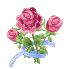 The graphic bouquet of pink roses with blue ribbon