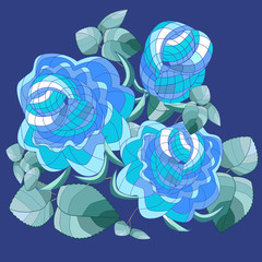 The graphic bouquet of blue roses with leaves on dark background