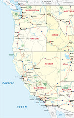 Naklejka premium Roads, political and administrative map of the Western United States of America with National Parks