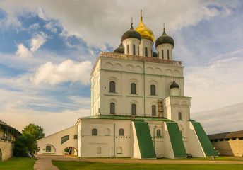 Christian Orthodox Holy Trinity Cathedral and bell tower in July 2016 Pskov Russia