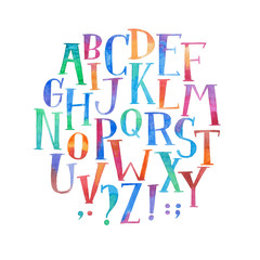 Colorful watercolor aquarelle font type handwritten hand draw abc alphabet letters