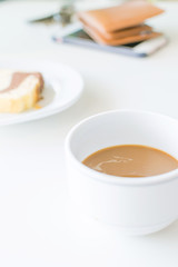 Coffee time in the morning, coffee cup with smartphone and wallets.