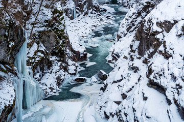 Landscape with winter mountain river