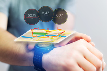 Running interface on a sport smartwatch with data informations