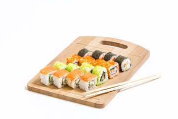 Sushi sets with salmon, isolated on white background.