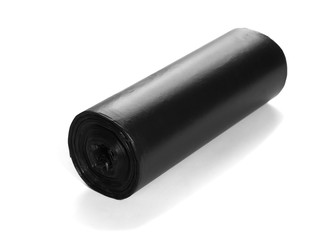  black roll of plastic garbage bags isolated on white