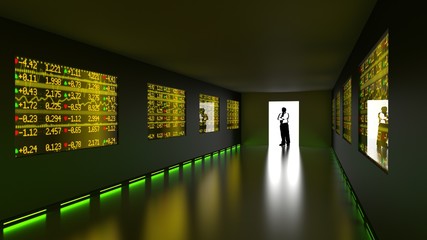 Businessman enters room with stock market screens
