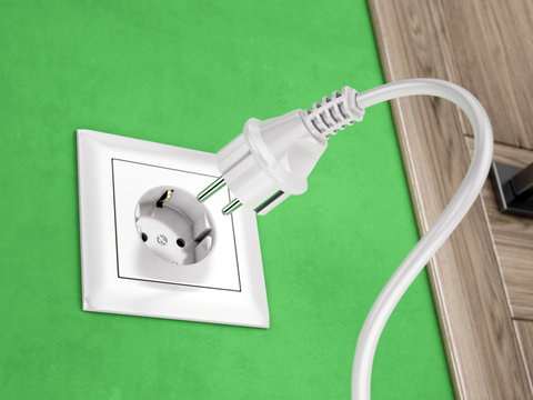 Wall socket on green wall and power plug - 3d rendering