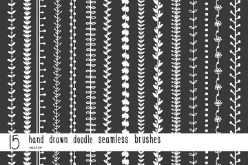 Set of hand drawn doodle seamless decorative brushes for dividers, borders, ornaments, frames, borders and design elements isolated on black background. Vector brushes are included in the brush panel.
