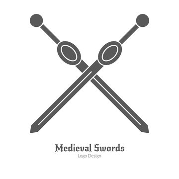 Medieval logo emblem template. Single logo, modern black simple style isolated on white background. Medieval theme silhouette symbol. Simple medieval pictogram logotype template. Vector illustration.