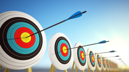 Arrows hitting the centers of targets - success business concept. 3d render - obrazy, fototapety, plakaty