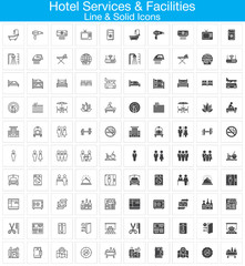 Hotel services and facilities line and solid icons set, outline and filled vector symbol collection, linear and full signs pack. Set includes icons as hotel, bed, reception, safe, tv, pool, key, map