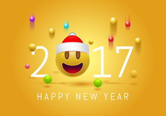 Happy New year 2017 with cute smiling emoji face with a Santa Claus hat. 3d Smiley Emoticon modern design for social network, Color concept for conversations, online chats, web sites . Vector