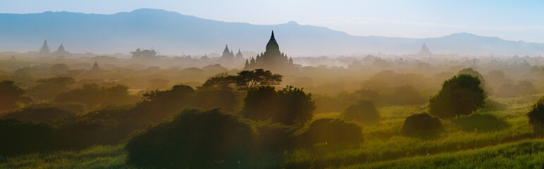 Panorama View of Sunrise over temples of Bagan in Myanmar