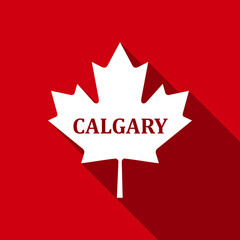 Canadian maple leaf with city name Calgary flat icon with long shadow. Vector Illustration