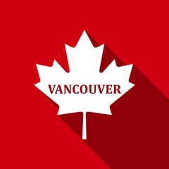 Canadian maple leaf with city name Vancouver flat icon with long shadow. Vector Illustration