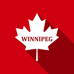Canadian maple leaf with city name Winnipeg flat icon with long shadow. Vector Illustration