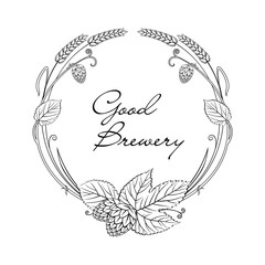 Decorative drawing frame with graphic elements of wheat, hop cones, leaves and tendrils of plants. For the brewery, pub or café, beer design. Vector, isolated on background.