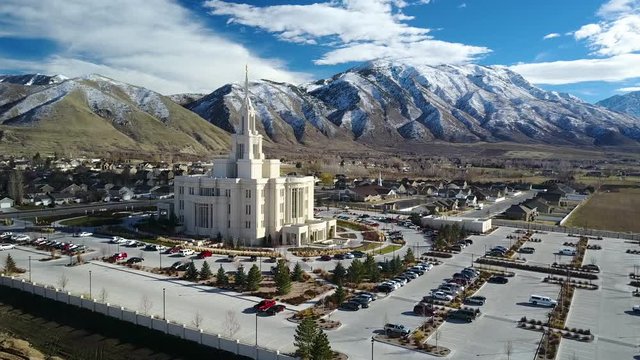 Aerial flight to LDS Mormon Temple Payson Utah. The Church of Jesus Christ of Latter-day Saints, LDS or Mormon Church. International Christian religion. Membership of over 16 million.