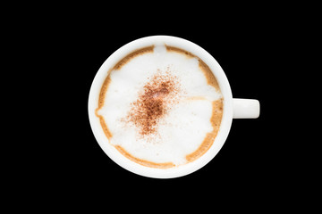 Redolent cappuccino coffee isolated on black background.