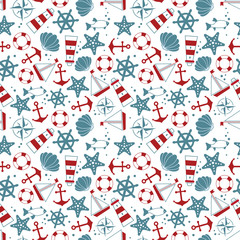 Obraz na płótnie Canvas seamless pattern: sea symbols. shell, ship, lighthouse, starfish, anchor, steering wheel, fish