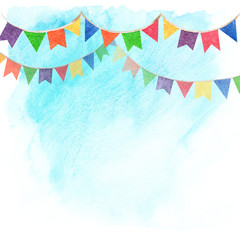 Watercolor illustration of banner flags on sky background. Decorations Festival and celebrations.