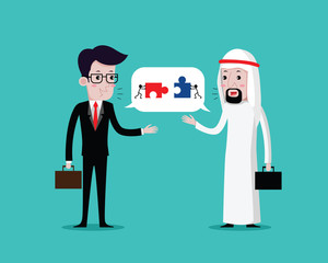 Businessman talks to business cooperation with Arab businessmen. vector cartoon