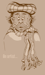 Hand drawn illustration of a sad man in a checkered billed cap and scarf.