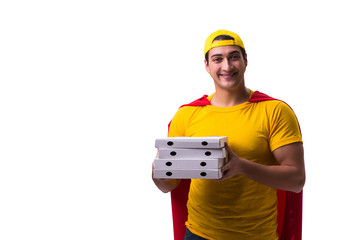 Super hero pizza delivery guy isolated on white