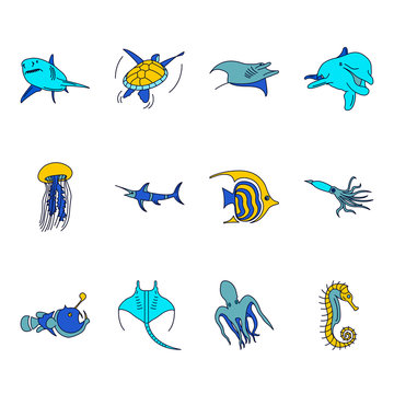 Sea world creatures and fish flat icons set on background