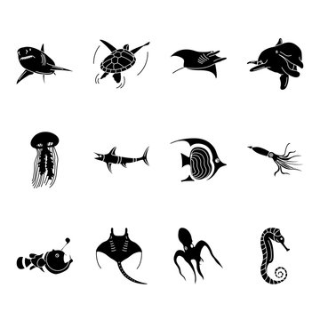 Sea world creatures and fish silhouette icons set on background