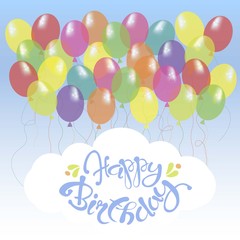 Congratulation card with blue lettering Happy Birthday on white, bright ballons on blue sky stock vector illustration