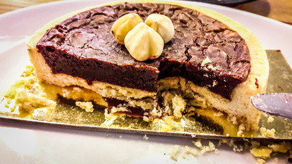 Chocolate pie with hazelnuts.