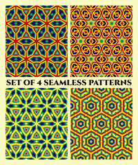 Seamless geometrical patterns of blue, red, yellow and teal shades