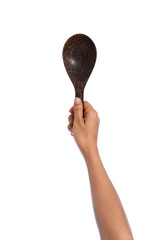 Woman Hand holding a wooden kitchen spoon for stirring and tasting food in the kitchen, isolated