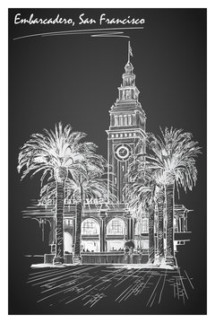 Panorama of the Embarcadero ferry building in San Francisco and palm tree alley. Cityscape, urban hand drawing. Sketch imitating chalk drawing on a blackboard. EPS10 vector illustration.