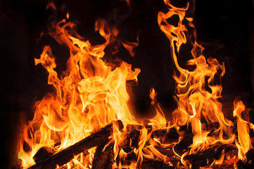 bright flames burning wood on black background