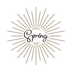 Fototapeta na wymiar Happy Spring time. Handwritten lettering composition with linear rays. Vector design elements.