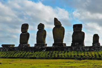 Long shot of the Moai at Ahu Tahai in Hanga Roa in Rapa Nui, Easter Island, Chile, South America